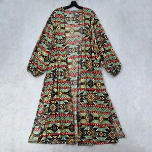 Honeyme Curvy Duster Open Cardigan XL Green Red Aztec Boho Long Line‎ Stretchy